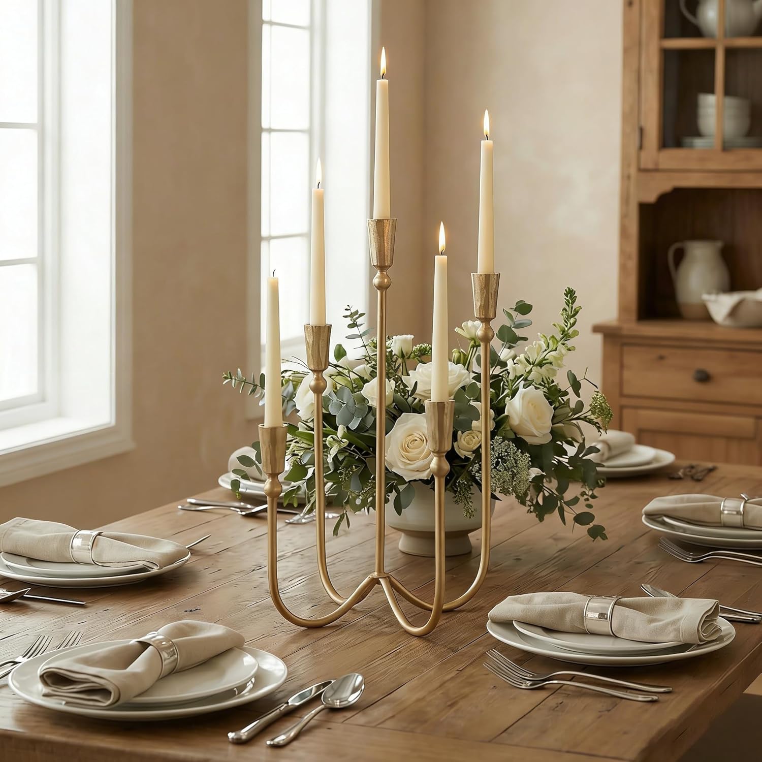 Large Iron Candelabra Centerpieces for Tables, 17.7'' Tall Taper Candle Holders, Vintage Brass Gold Candlestick Holders, Antique Fireplace Mantel Decorations for Living Room, 5 Arms